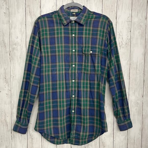 Vintage Single Needle Tailoring Long Sleeve Plaid Thin Button Down Shirt Medium - Picture 1 of 8